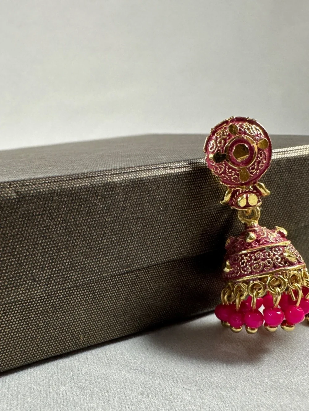 Pink Meenakari Jhumka Earrings with Bead Dangles | Gold Tone Indian Jewelry